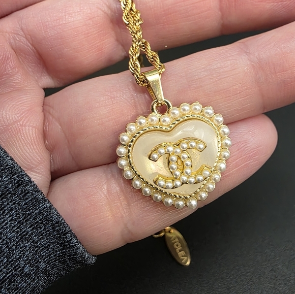 Authentic CHANEL Gold and Cream Heart Pendant On Atolea Chain - Picture 2 of 4